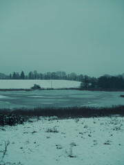Frozen winter lake surrounded by snow-covered fields and distant bare trees under a muted turquoise sky &mdash; calm, atmospheric and minimalistic cold-season rural landscape