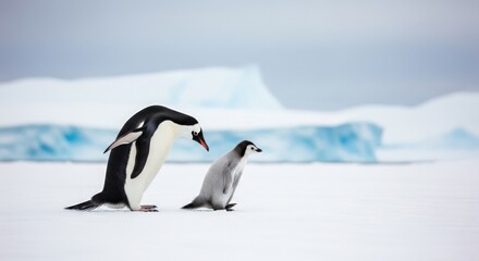 Obraz premium A large penguin stands next to a smaller penguin on a snowy landscape with icebergs in the