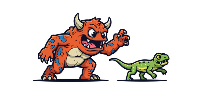 fearsome horned brute pursues skittish green dinosaur in cartoon primal scene