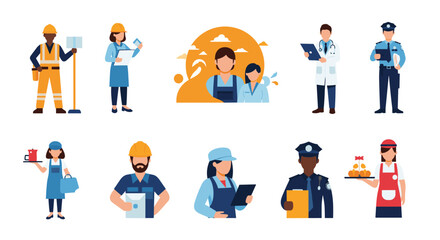 A collection of diverse professional people representing various occupations, including construction, healthcare, service, and public safety.