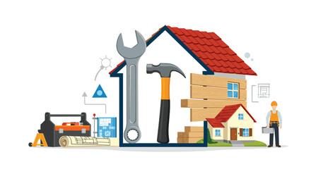 Home construction, renovation, and repair services concept with a house, tools, blueprints, and a builder.