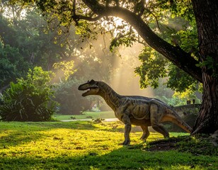 Realistic dinosaur statue standing in sunlit park, shadowed by large tree and dense foliage