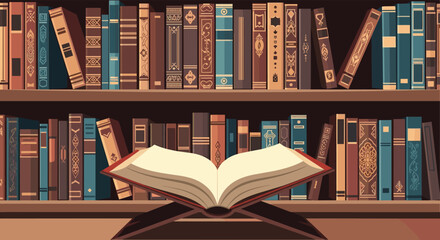 A detailed pixel art illustration of a library bookshelf filled with various old books, with a sacred open book placed on a stand in the foreground.