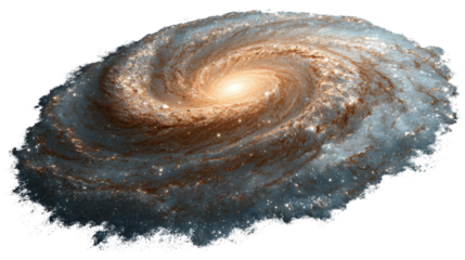 Spiral galaxy glowing with countless stars and nebulae in deep space, representing cosmic exploration on transparent background