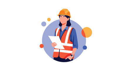 Professional woman engineer or construction worker in a hard hat and safety vest holding blueprints.