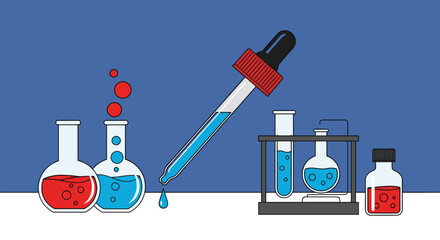 Chemical laboratory experiment with flasks, test tubes, and a dropper dispensing colorful liquids, symbolizing scientific research and discovery.