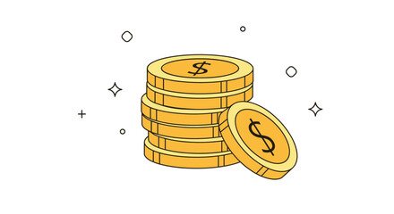 A stack of golden dollar coins with one leaning coin, surrounded by simple sparkle elements, symbolizing finance, wealth, and savings.