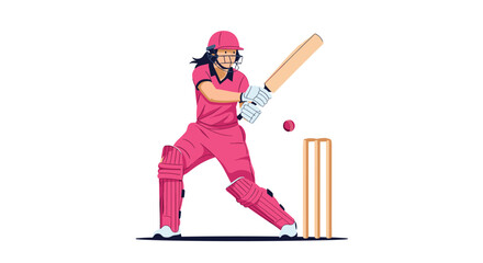 A female cricket player in a vibrant pink uniform is in batting action, ready to hit the ball during a match.