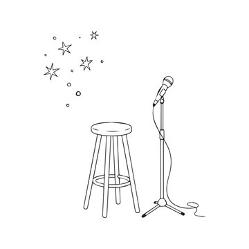 Simple line art drawing of a stage with a microphone and stool. Hand-drawn vector illustration for music performance, stand-up comedy, or open mic night concept.
