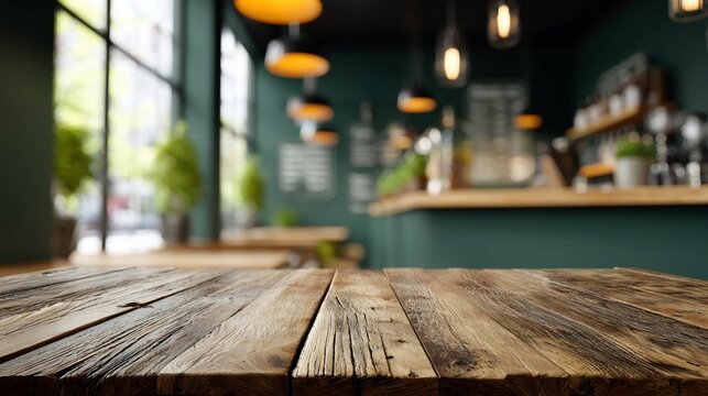 Rustic wooden tabletop foreground with blurred modern cafe interior background and warm lighting