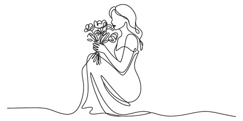 Continuous line drawing of a woman in profile, sitting gracefully and gently holding a fresh bouquet of flowers to her face, modern minimalist art Vector, illustration