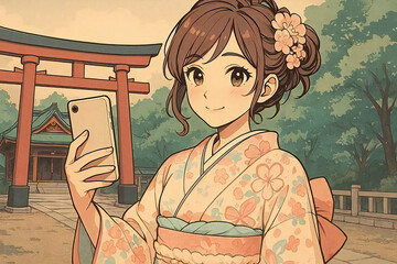 神社の鳥居前で着物姿の女性がスマートフォンで自撮りをするレトロイラスト。日本の伝統文化と観光シーンを組み合わせた明るい雰囲気のビジュアル