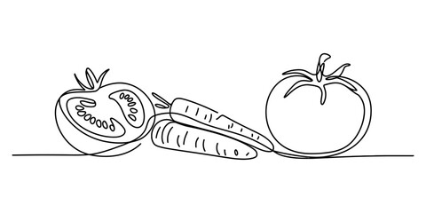 Continuous line art illustration of fresh vegetables, featuring two tomatoes (whole and halved) and carrots, minimalist healthy food concept Vector, illustration