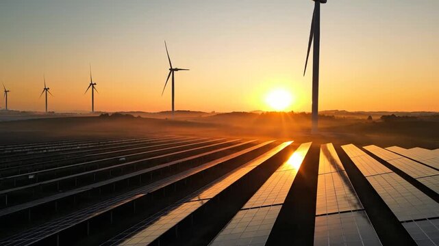 solar panels and wind turbines under a sunrise sky