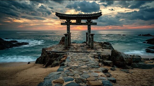 Ancient stone gate overlooking ocean at sunset under dramatic sky