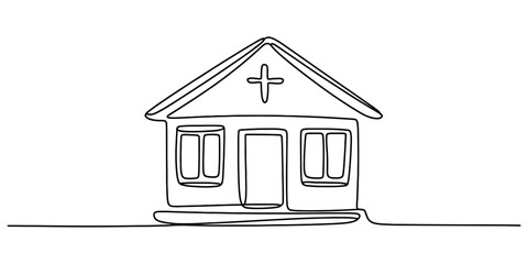 Continuous line art drawing of a minimalist house with a cross on the roof, symbolizing home, healthcare, and religious sanctuary Vector, illustration