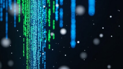 Immerse yourself in the digital world with this dynamic matrix background featuring vibrant green and blue cascading code, perfect for technology and innovation projects