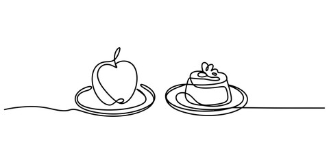 Continuous line drawing of a fresh apple and a delicious dessert on plates, symbolizing healthy and sweet food choices with elegant simplicity Vector, illustration