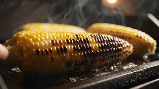 corn slowly rotating on a metal grill grate with oil bubbling and crackling. Soft spotlight highlights textures and charred edges.