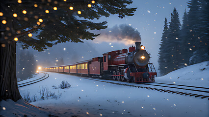 Magical vintage steam train journeying through a snowy winter forest landscape at night with warm light illuminating the carriages and falling snow
