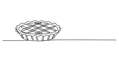 Continuous one line drawing of a delicious baked pie with a lattice crust design, representing desserts, homemade treats, and baking concepts Vector, illustration