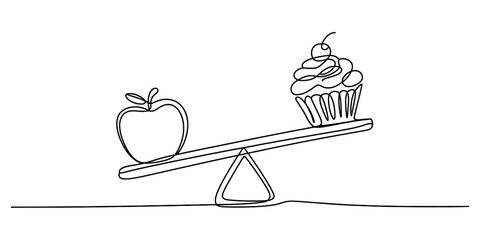 Continuous line drawing of an apple and a cupcake on a balance scale, representing health choice versus sweet treat indulgence Vector, illustration