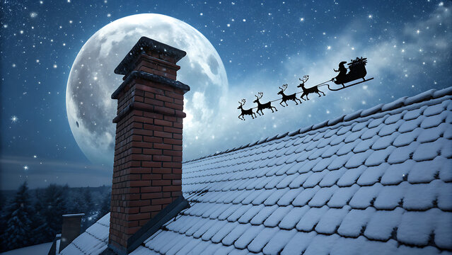 Silhouette of santa claus flying in his sleigh pulled by reindeer across a starry night sky with a huge full moon above a snowcovered rooftop and chimney - Powered by Adobe