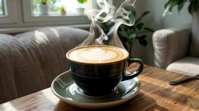 Steaming latte art on a wooden table