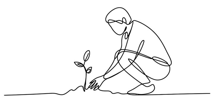 One line continuous drawing of a person planting a small seedling or sprout in the ground, isolated on continuous one line art of vector illustration - Powered by Adobe