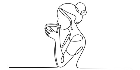 One line continuous drawing of a woman drinking from a cup, minimalist female portrait with beverage, isolated on continuous one line art of vector illustration