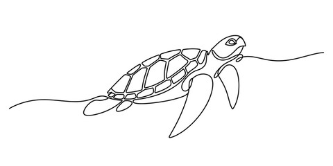 Continuous line art drawing of a sea turtle swimming gracefully through the ocean, capturing marine life in a minimalist and fluid style Vector, illustration