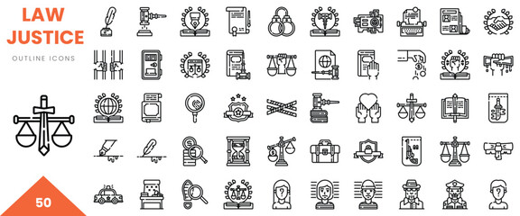 Collection of law and justice outline icons, including scales, gavel, and legal documents.