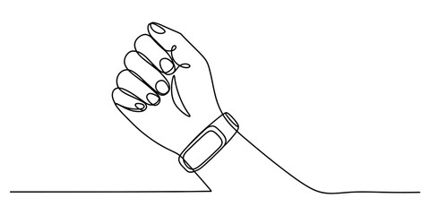 Continuous line drawing of a clenched hand wearing a sleek fitness tracker, symbolizing health, wearable tech, and personal wellness concept. Vector, illustration