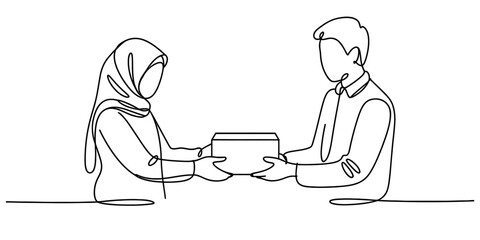Continuous line drawing of a muslim woman in hijab giving a box to a man, illustrating charity, delivery, or a gift exchange concept Vector, illustration