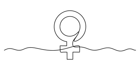 Continuous line drawing of the female symbol, representing women, gender identity, and feminism, isolated on a clean white background concept. Vector, illustration