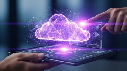 Effortlessly manage your data with futuristic cloud technology on a sleek tablet, empowering businesses to thrive in the digital age through seamless connectivity and innovation
