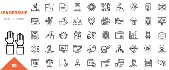 A collection of 50 leadership outline icons illustrating various concepts and strategies.