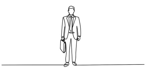 Businessman in a suit holding a briefcase, standing, full body sketch, isolated on white continuous one line art of vector illustration © Creative_Outline2019