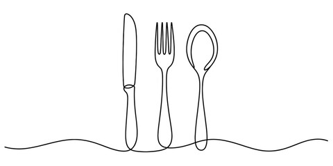 Continuous line drawing art of sleek knife, versatile fork, and classic spoon, representing elegant dining, meal, food, and restaurant concepts. Vector, illustration