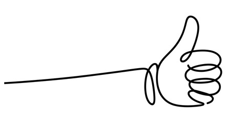 Minimalist continuous line art drawing of a human hand showing a positive thumbs up gesture, symbolizing approval, success and agreement. Vector, illustration