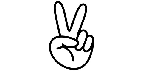 Peace sign hand gesture, simple outline drawing of two fingers symbolizing peace, victory, unity, agreement, and positive success. Vector, illustration