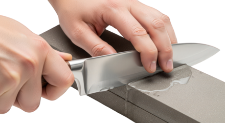 Close-up of hands sharpening a knife on a whetstone with a neutral background.