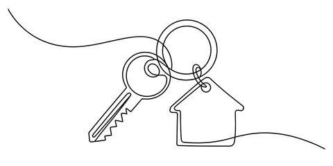 Continuous line art drawing of a house key with a home-shaped keychain, symbolizing property ownership, real estate, and residential security concepts. Vector, illustration