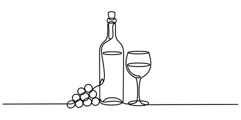 Continuous line drawing of a wine bottle, glass, and grapes. minimalist vector art for beverages, alcohol, celebration, and culinary themes. Vector, illustration