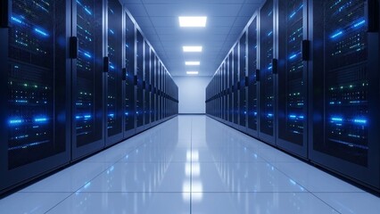 Stunning modern data center aisle with rows of glowing server racks creating a deep perspective for technology concepts
