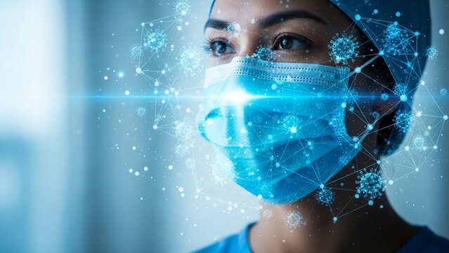 Dedicated healthcare professional using advanced digital interface to combat mysterious virus threats with focused determination