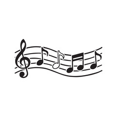 Hand-drawn musical notes and treble clef on a wavy staff. Black and white sketch, doodle style illustration isolated on white background.
