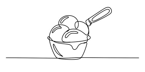 One line drawing of a bowl of ice cream scoops with a spoon, isolated on minimalist continuous line art of dessert continuous one line art of vector illustration