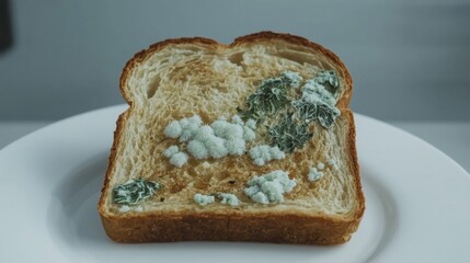 Moldy bread slice on a white plate, showcasing green and white fungal growth, highlighting food spoilage and its impact on health and hygiene