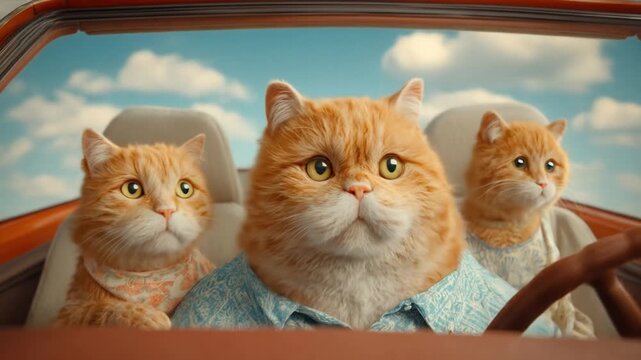 Three orange cats drive a vintage car with curious expressions, under a bright sky. Whiskers twitch